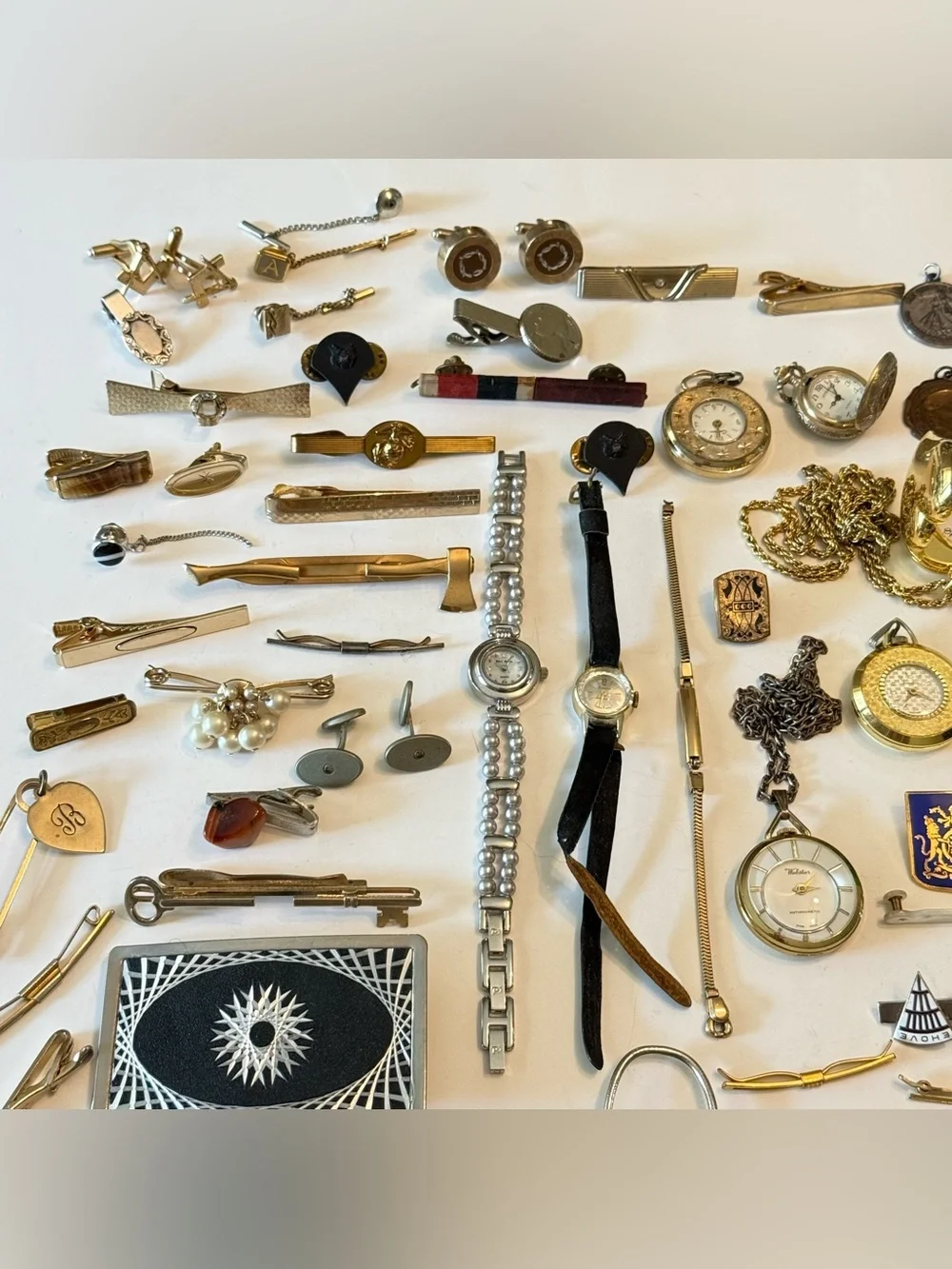 Huge Lot Of Men’s Tie Clips Cuff links Watches Junk Drawer Pins Medals